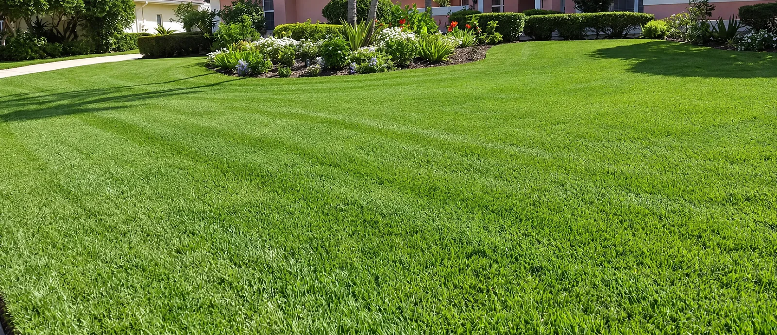 Lawn after service: evenly cut with clean mowing stripes