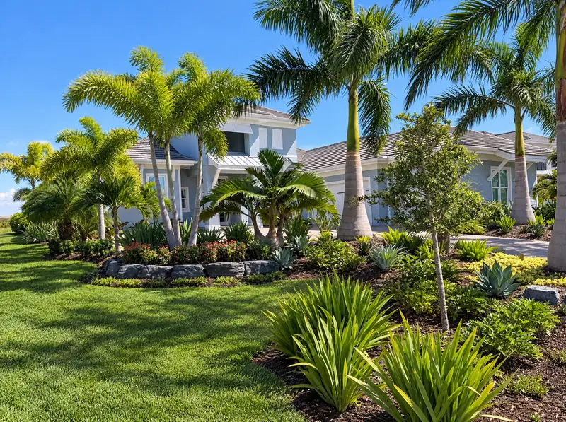 Layered front-yard beds: royal palms, boulders, and tropical plants