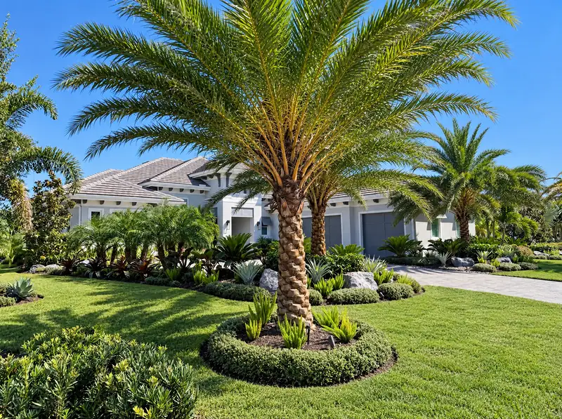 Sylvester palm feature: sylvester palm and a round hedge border