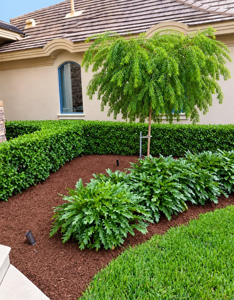 Hedge-framed bed: young tree, shrubs, and a hedge border