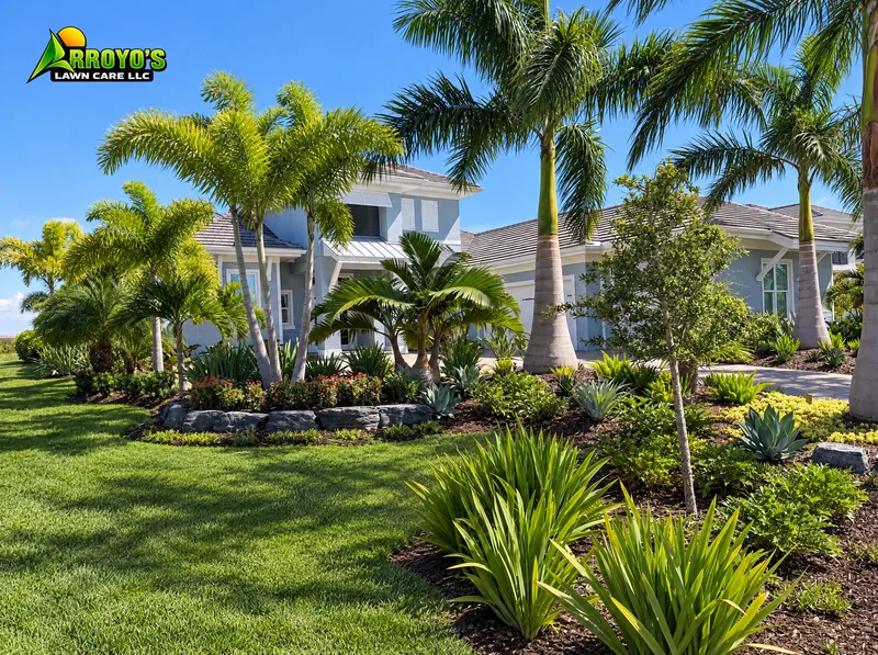 Layered front-yard beds: royal palms, boulders, and tropical plants
