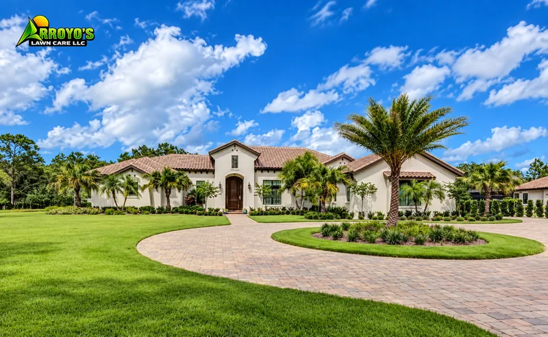 Circular driveway lawn: wide lawn and an island bed