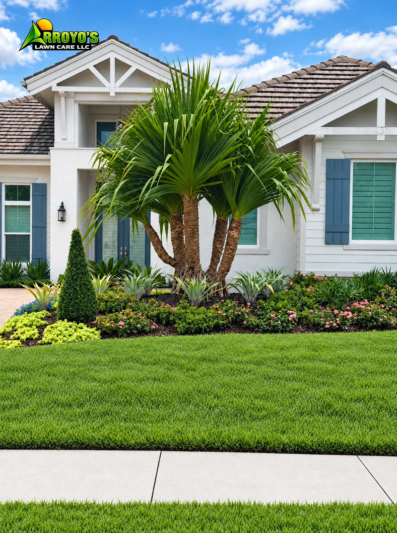 Front-yard refresh: new palm, shrubs, and flowers