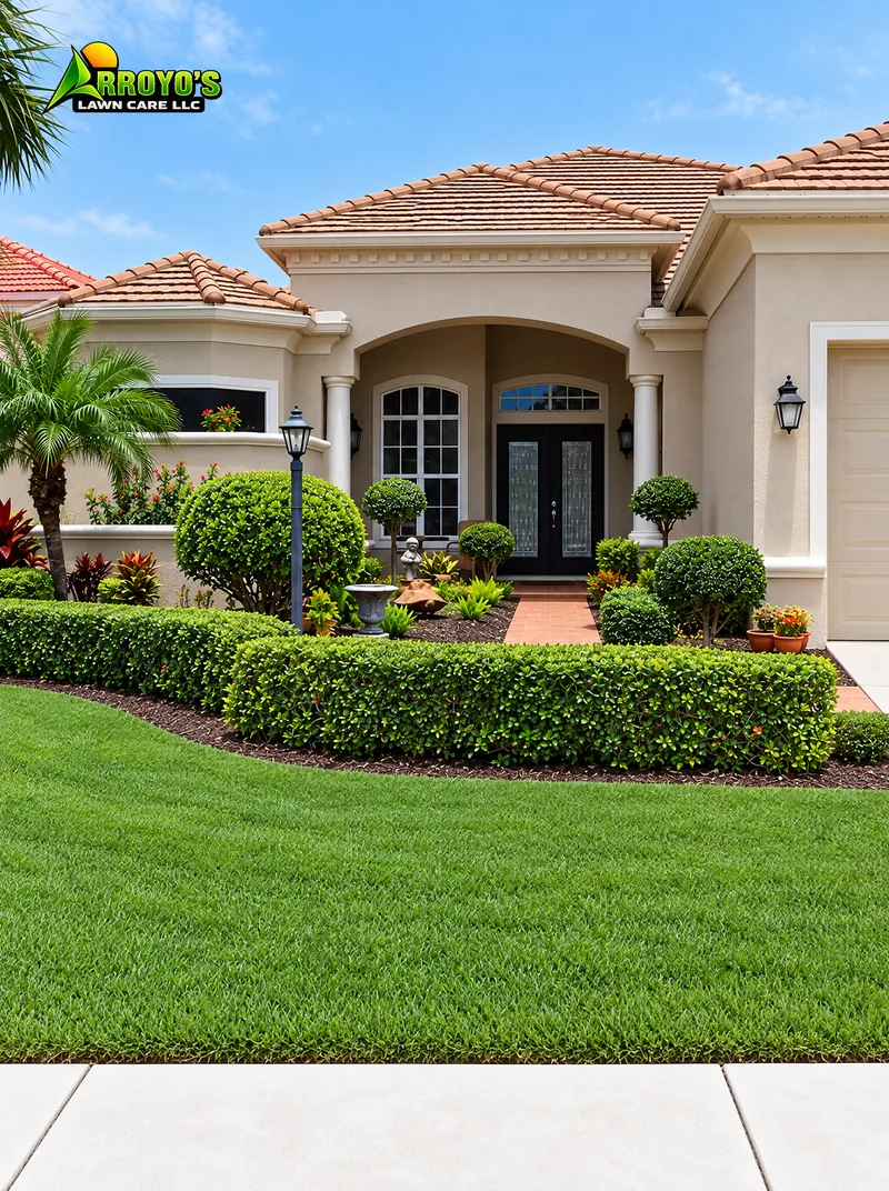 Clipped entry hedges: trimmed hedges and a clean lawn
